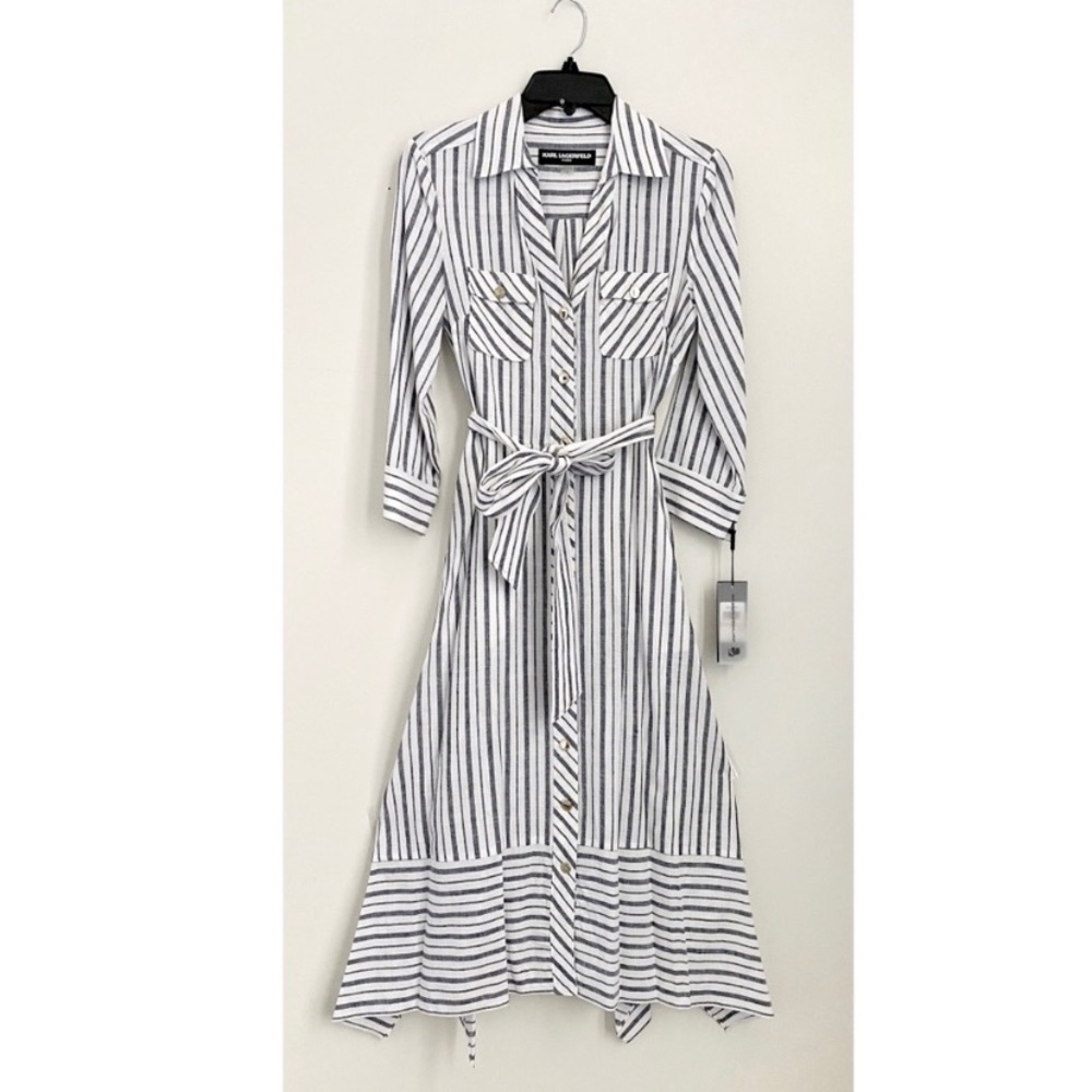 KARL LAGERFELD Striped Asymmetric Shirt Dress In Soft White NWT